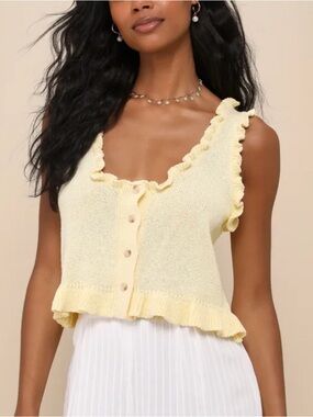 LULUS Light Yellow Knit Ruffled Sleeveless Sweater Top